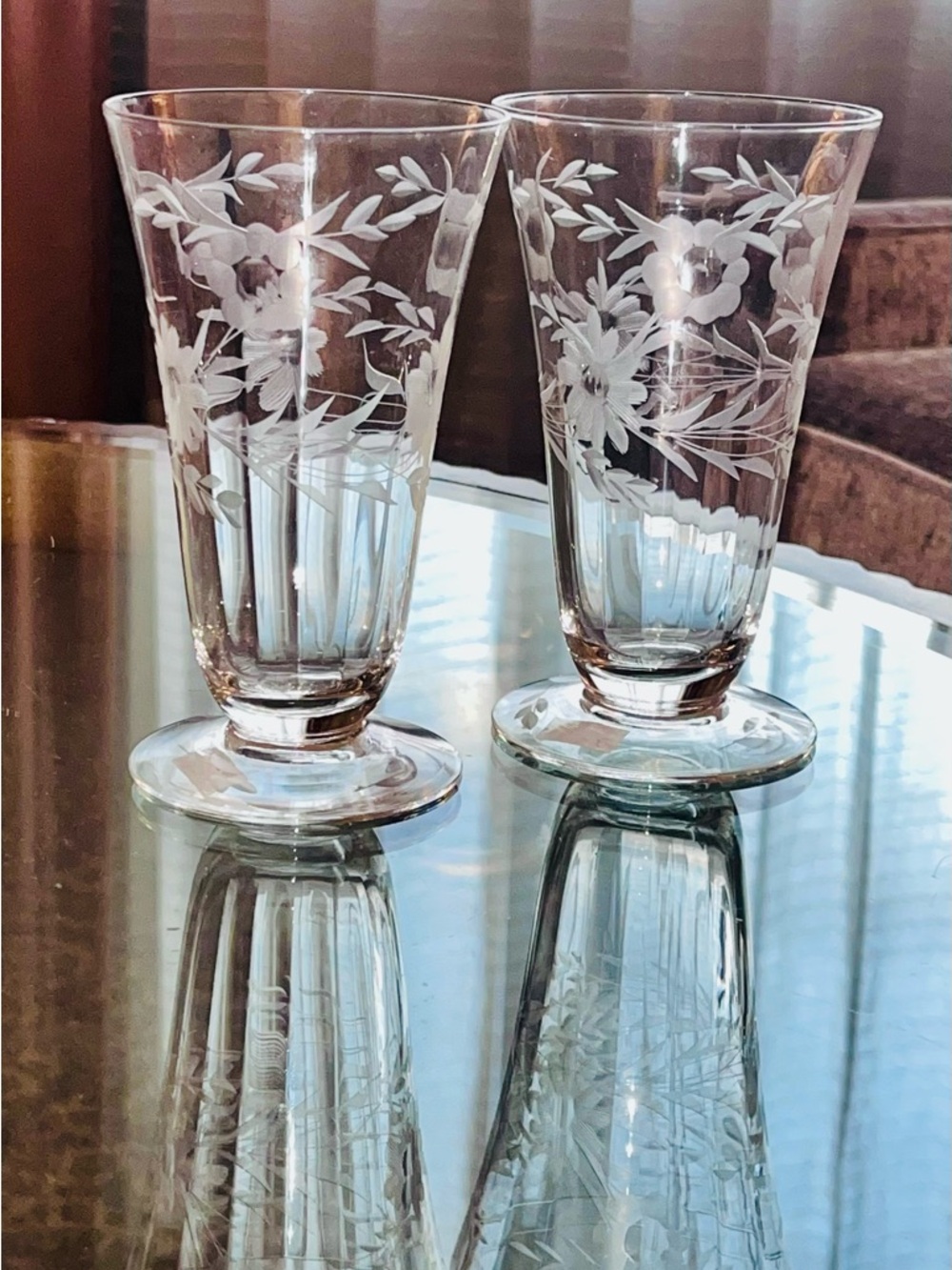 VTG 40’s SUSQUEHANNA SUS18 Salina Ice Tea Glasses Etched Floral Footed Set of 2